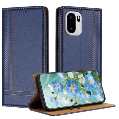 For OnePlus 15R 5G / Ace 6T 5G / Ace 6 5G Case L-Shaped Grid Pattern Leather Stand Phone Cover with Card Slots - Blue