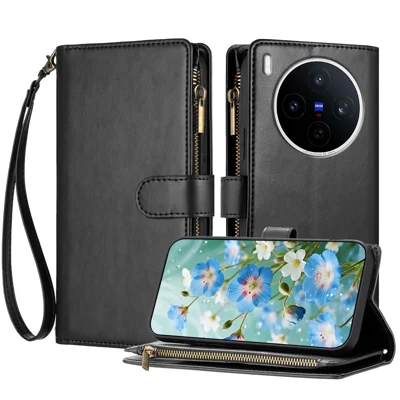 Funda de cuero con cremallera y soporte para teléfono vivo X300 5G, a prueba de golpes, con correa para la muñeca - Negro