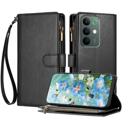 For Realme C85 Pro 4G Leather Case Zipper Wallet Stand Shockproof Phone Cover with Wrist Strap - Black