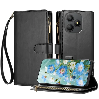 Étui en cuir pour Blackview Wave 9C avec portefeuille à fermeture éclair, support et protection antichoc, avec bracelet - Noir