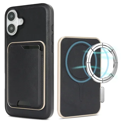 Funda para iPhone 16 Compatible con MagSafe Tarjetero Ultrafino Revestido de Cuero PU Cubierta de TPU - Negro