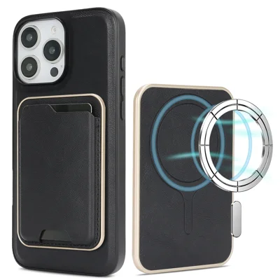 Capa para iPhone 15 Pro Max Compatível com MagSafe Suporte para Cartão Ultra Fino Revestido em Couro PU Capa de TPU - Preto
