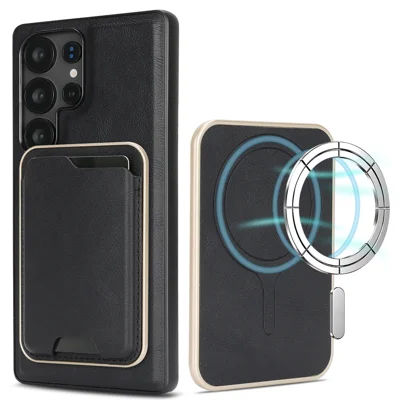 Voor Samsung Galaxy S22 Ultra 5G Hoesje Compatibel met MagSafe Ultradunne Kaarthouder PU Leer Gecoate TPU Cover - Zwart