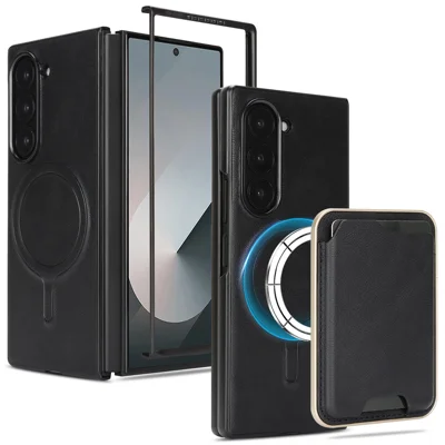 For Samsung Galaxy Z Fold6 5G Magnetic Case Ultra Thin Card Holder PU Leather Coated TPU Cover - Black