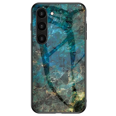 For Samsung Galaxy S23 Marble Pattern Printing Tempered Glass Phone Case Hard PC +TPU Anti-Scratch Shockproof Cover - Emerald Marble