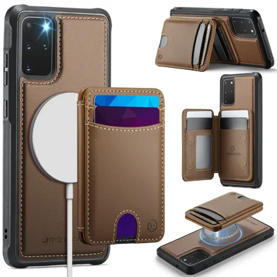 JEEHOOD For Samsung Galaxy S20 Plus 4G Case  J10  Magnetic Case Leather Back Phone Cover with Detachable Card Holder Kickstand - Brown