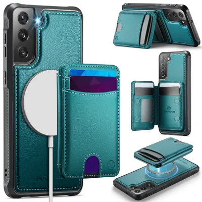 JEEHOOD For Samsung Galaxy S21 FE 5G Case  J10  Magnetic Case Leather Back Phone Cover with Detachable Card Holder Kickstand - Blue
