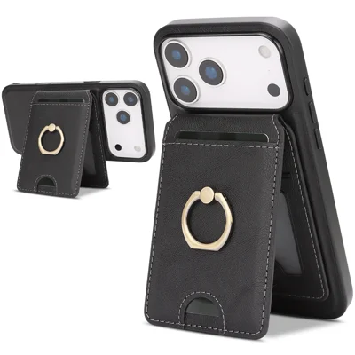 For iPhone 17 Pro Case Detachable Card Bag Compatible with MagSafe PU Leather Coated TPU Cover with Ring Kickstand - Black