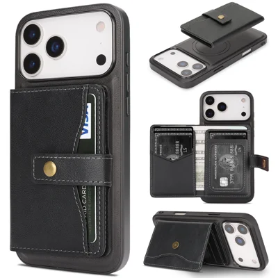 Etui na iPhone 17 Pro z funkcją podpórki, odkładany worek na karty, kompatybilny z MagSafe, pokrowiec na telefon z tworzywa TPU pokrytego skórą PU - Czarny