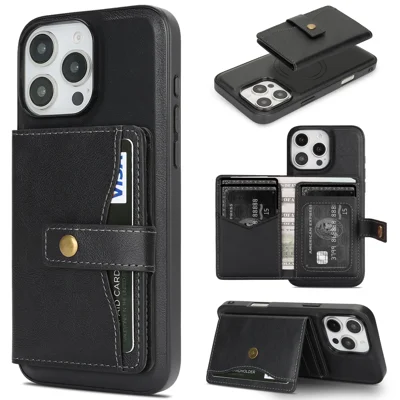 For iPhone 15 Pro Max Kickstand Case Detachable Card Bag Compatible with MagSafe PU Leather Coated TPU Phone Cover - Black
