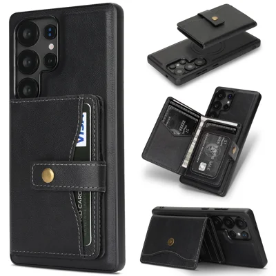 Samsung Galaxy S24 Ultra Kickstand Hülle Abnehmbarer Kartenbeutel Kompatibel mit MagSafe PU-Leder Beschichtetes TPU Handyhülle - Schwarz