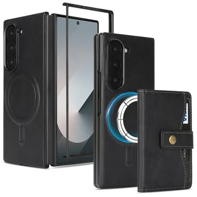 For Samsung Galaxy Z Fold6 5G Kickstand Case Detachable Card Bag Magnetic Case PU Leather Coated TPU Phone Cover - Black