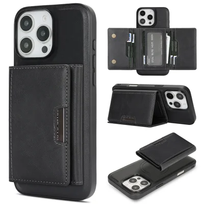 For iPhone 15 Pro Max Kickstand Case Tri-fold Card Bag PU Leather Coated TPU Cover Compatible with MagSafe - Black