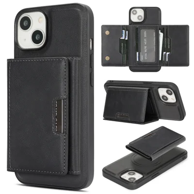 For iPhone 14 Kickstand Case Tri-fold Card Bag PU Leather Coated TPU Cover Compatible with MagSafe - Black