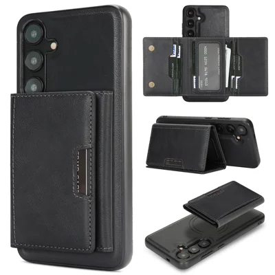 For Samsung Galaxy S25 Kickstand Case Tri-fold Card Bag PU Leather Coated TPU Cover Magnetic Case - Black