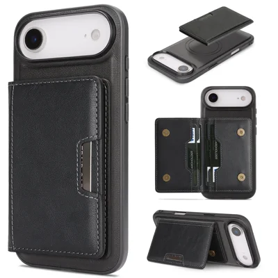 For iPhone Air Kickstand Case Bi-fold Card Bag PU Leather Coated TPU Cover Compatible with MagSafe - Black