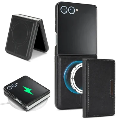 For Samsung Galaxy Z Flip7 5G Kickstand Case Bi-fold Card Bag PU Leather Coated TPU Cover Magnetic Case - Black