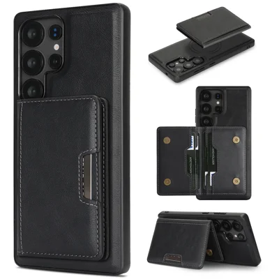 For Samsung Galaxy S23 Ultra Kickstand Case Bi-fold Card Bag PU Leather Coated TPU Cover Magnetic Case - Black