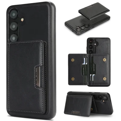 For Samsung Galaxy S25 Kickstand Case Bi-fold Card Bag PU Leather Coated TPU Cover Magnetic Case - Black