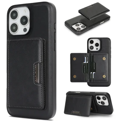 For iPhone 13 Pro Kickstand Case Bi-fold Card Bag PU Leather Coated TPU Cover Compatible with MagSafe - Black