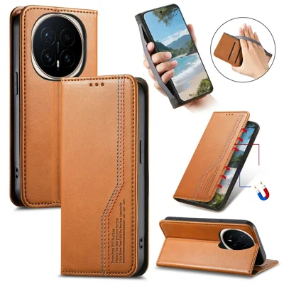 Capa Carteira para Honor Magic8 Pro 5G, Capa de Couro com Costura Tricolor e Pulseira Elástica - Marrom