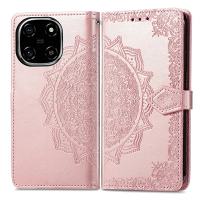 غطاء هاتف لـ Blackview Color 6، غطاء محفظة من الجلد بنمط زهرة الماندالا مع حامل - ذهبي وردي