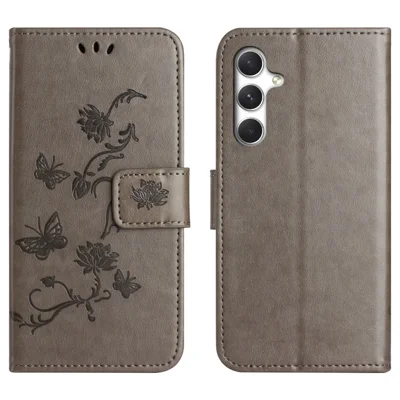 For Samsung Galaxy A57 5G Case Wallet Stand Imprinted Butterfly Flower PU Leather Phone Cover - Grey