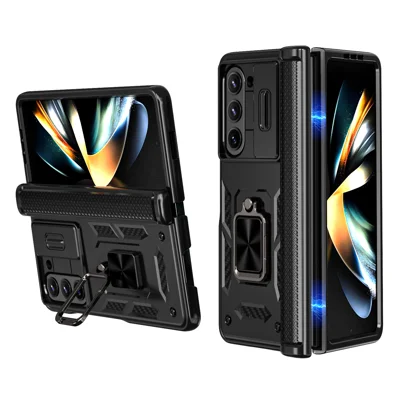 For Samsung Galaxy Z Fold5 5G Phone Case with Hinge PC + TPU Cover with Kickstand and Slide Camera Lid - Black