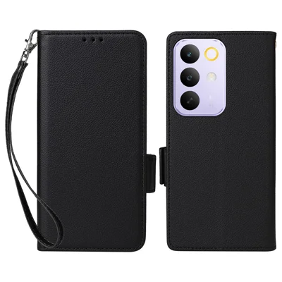 Чехол для Realme C85 5G / 15x (Индия) 5G с текстурой личи, кожаный, с функцией кошелька и ремешком на запястье - черный
