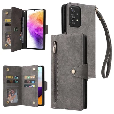 Voor Samsung Galaxy A73 5G Ritszak Design Hoesje met Ritssluiting PU Leren Telefoonhoes met Stand en Portemonnee met Riempje - Grijs