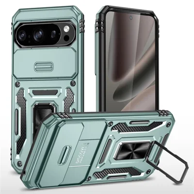 For Google Pixel 11 Pro XL / 10 Pro XL Case Kickstand Slide Lens Lid PC + TPU Drop-Proof Phone Cover - Green