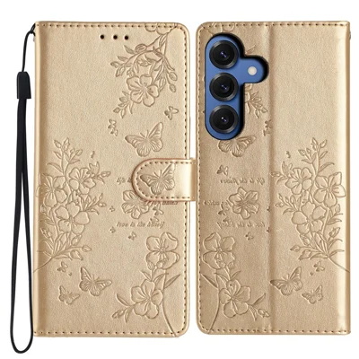 Cover portafoglio per Samsung Galaxy S26+ con stampa a farfalla e fiori, copertina pieghevole in pelle con cinturino - Oro