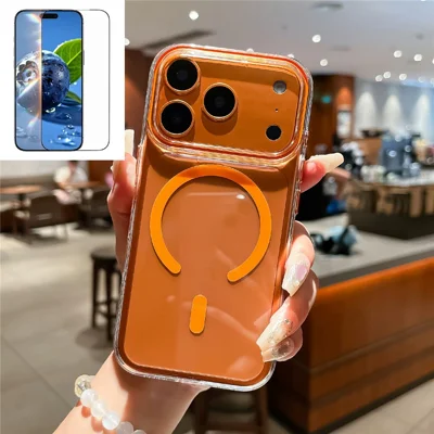Coque transparente cristal pour iPhone 17 Pro, compatible MagSafe, coque rigide en PC avec film de protection en verre trempé - Orange