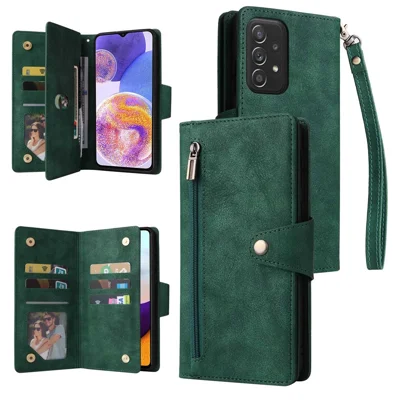 For Samsung Galaxy A23 4G / A23 5G (Global Version) / M23 5G / F23 5G Supporting Stand Wallet Zipper Pocket Phone Cover Rivet Buckle PU Leather Phone Case with Strap - Green