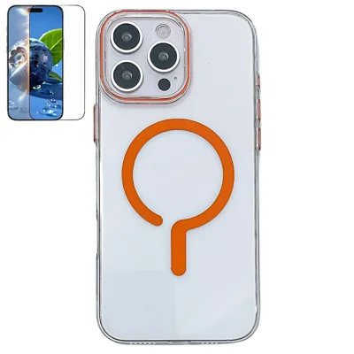 Capa Transparente Cristal para iPhone 16 Pro Max Compatível com MagSafe, Capa de Telemóvel em PC Rígido com Filme de Vidro Temperado - Laranja
