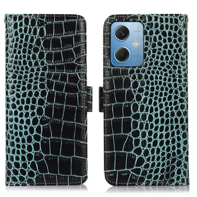 Capa Carteira em Couro Genuíno de Vaca com Textura de Crocodilo para Xiaomi Redmi Note 12 5G (Global) / (Índia) / (China) / Poco X5 5G, com Suporte e Função de Bloqueio RFID - Verde