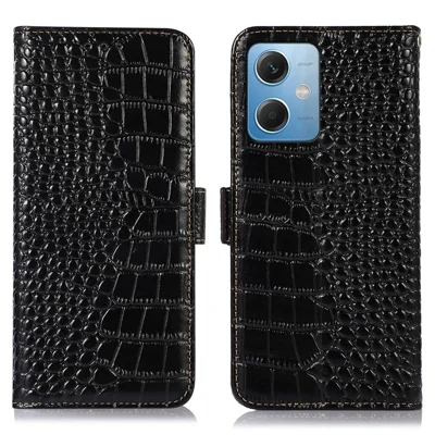 Funda de cuero auténtico de vaca con textura de cocodrilo para Xiaomi Redmi Note 12 5G (Global) / (India) / (China) / Poco X5 5G, con billetera, soporte y función de bloqueo RFID - Negro