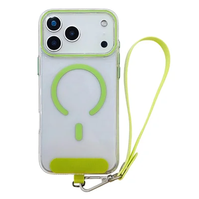 Custodia per iPhone 17 Pro Max Compatibile con MagSafe Custodia Trasparente in PC Rigido con Cinturino da Polso - Verde Fluorescente