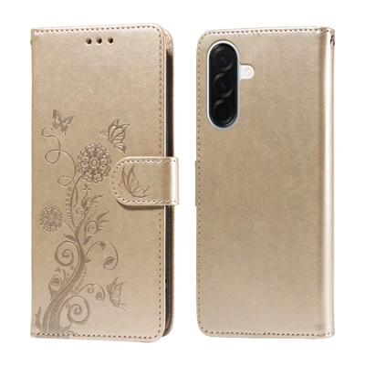 Чехол из искусственной кожи для Samsung Galaxy A37 с принтом бабочек и цветов, золотистый, с отделением для карт и подставкой