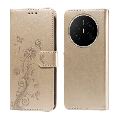 For Huawei Mate 70 Air Leather Case Butterfly Floral Imprint Wallet Stand Cover - Golden