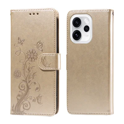 For Oppo Reno15 Pro Max 5G (Global) / Reno15 Pro 5G (China) Leather Case Butterfly Floral Imprint Wallet Stand Cover - Golden