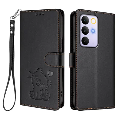 For Realme C85 Pro 4G Wallet Case with Wrist Strap Love Cat Pattern Imprint Leather Phone Cover - Black