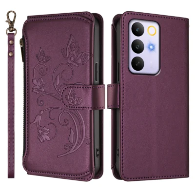 For Realme C85 Pro 4G Leather Case Butterfly Floral Imprint Zipper Wallet Stand Cover with Wrist Strap - Purple