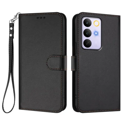 For Realme C85 Pro 4G Leather Case Wallet Stand Phone Cover with Wrist Strap - Black