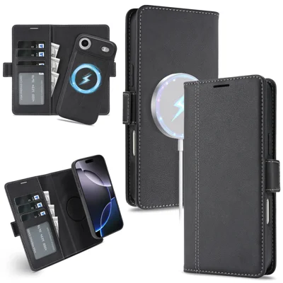 Für iPhone Air Case, abnehmbare 2-in-1 Ledertasche mit Handyhülle, kompatibel mit MagSafe - Schwarz
