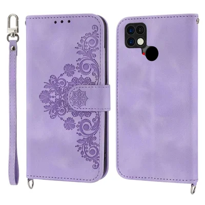 Pour Xiaomi Poco C40 4G Fleurs Imprimées du Support de Tampon de Peau Couverture de Téléphonie de Cartes à Places PU Portefeuille en Cuir Avec Sangle et Sangle D'épaule - Violet Clair