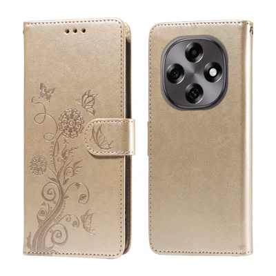 For Oppo F31 Pro 5G / Oppo A6 Pro 5G (China) Leather Case Butterfly Floral Imprint Wallet Stand Cover - Golden