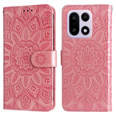 Voor OnePlus 15 5G hoesje met zonnebloemprint in lederen portemonnee-telefoonhoes - Roze