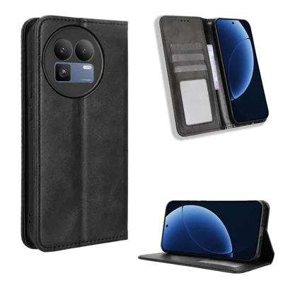 For Realme GT 8 5G Leather Case Wallet Stand Retro Texture Phone Cover - Black