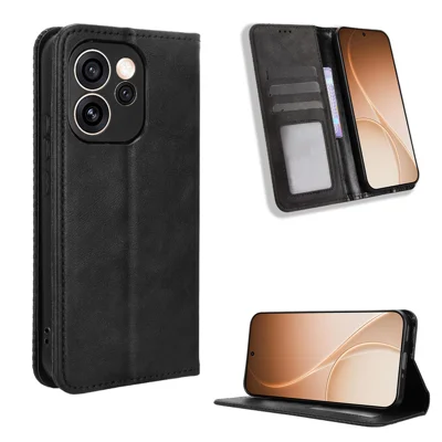 For Oppo Reno15 Pro Max 5G (Global) / Reno15 Pro 5G (China) Leather Case Wallet Stand Retro Texture Phone Cover - Black